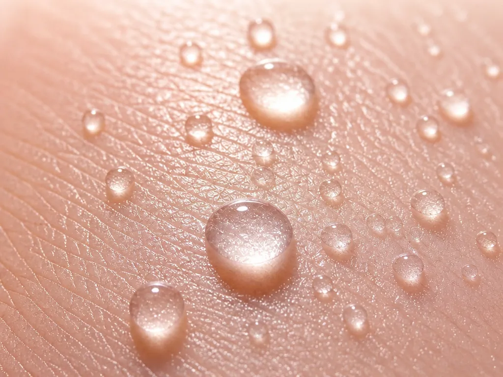 Close-up realistic skin showing fresh hydration and moisture droplets.