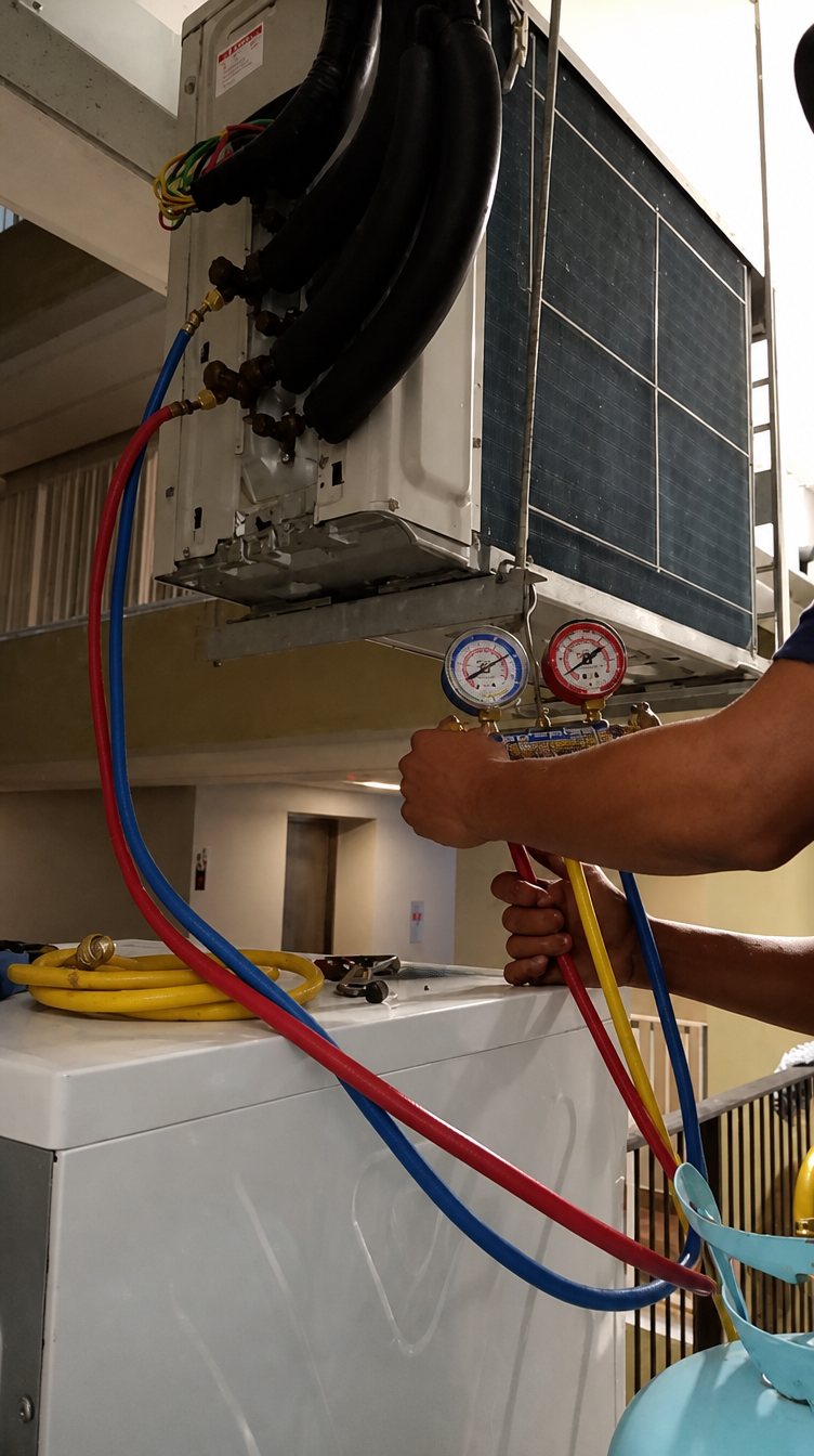 Technician performing aircond maintenance photo